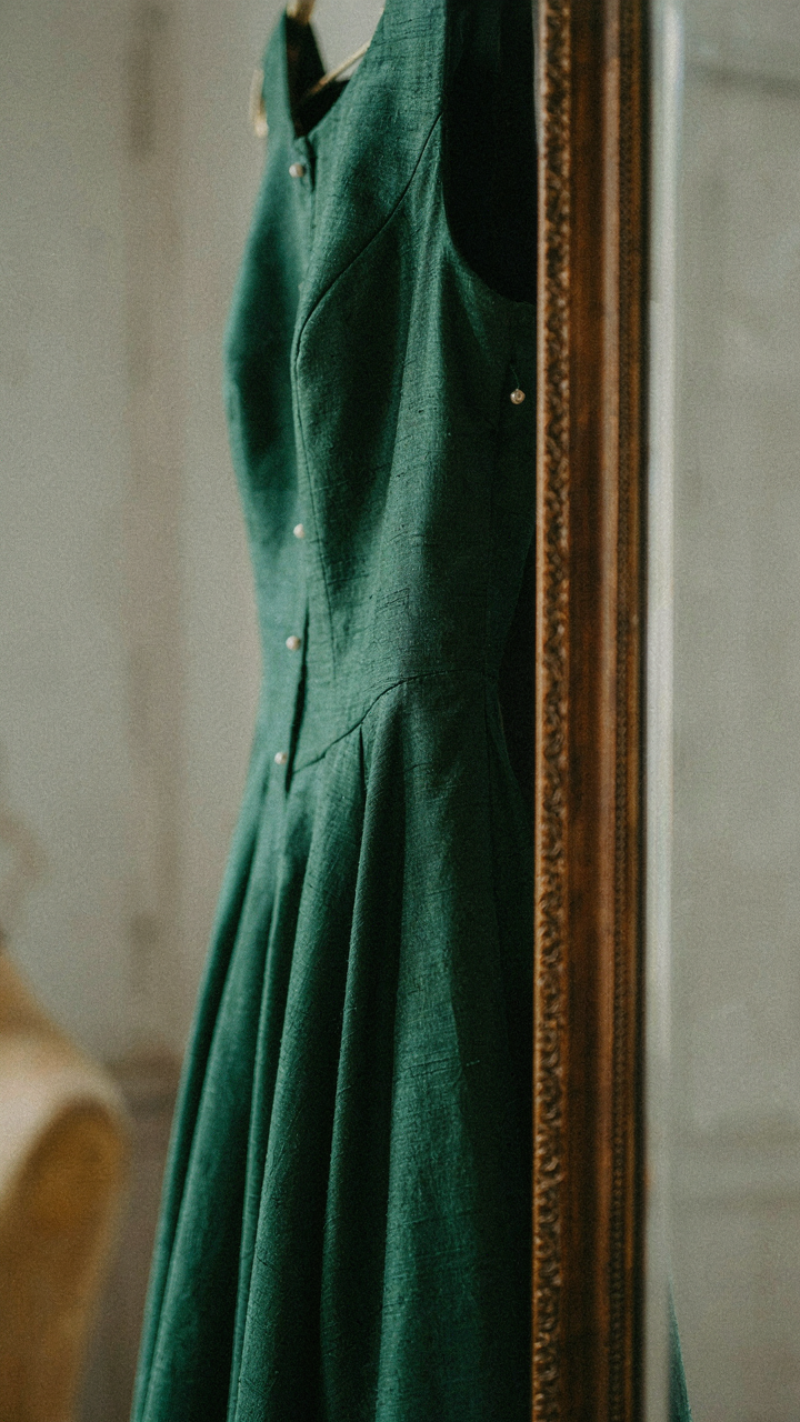 Close-up of a luxurious dress fabric in a mirror, implying high value and exclusivity.
