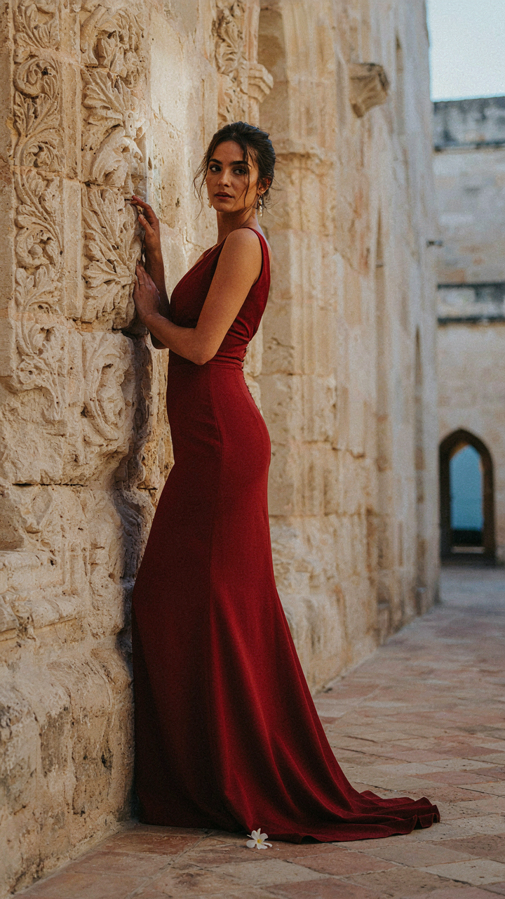 A woman in a red evening gown gracefully touches an ornate stone wall.