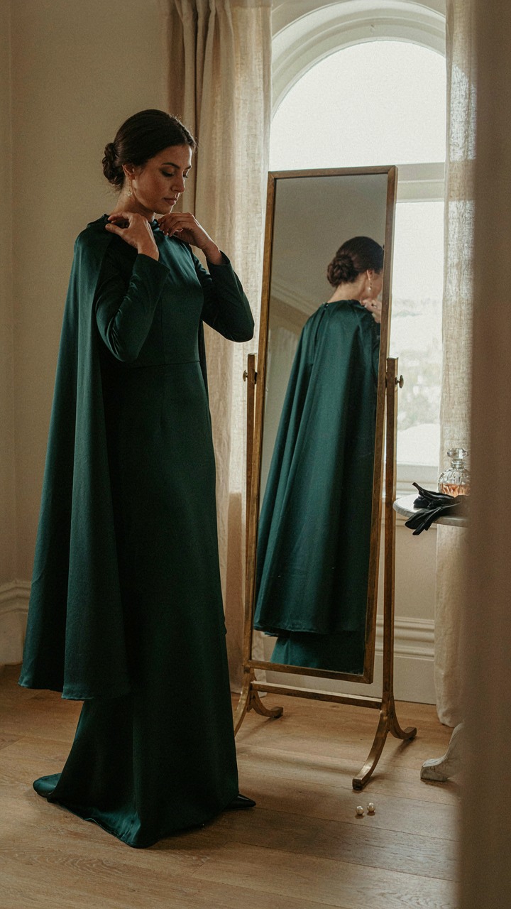 A woman in an evening cape observes her posture in a full-length mirror.