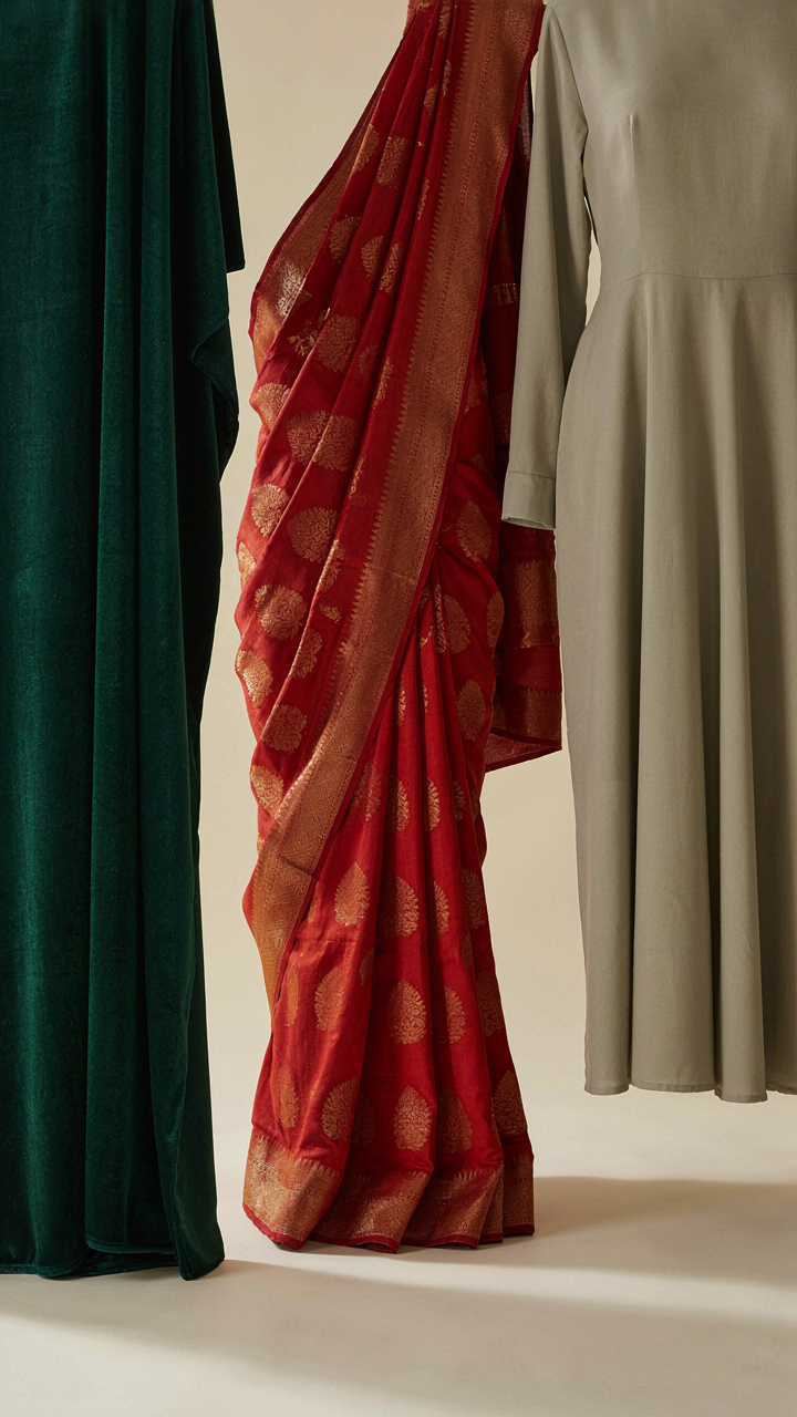 Three fabric swatches show different cultural interpretations of festive attire.