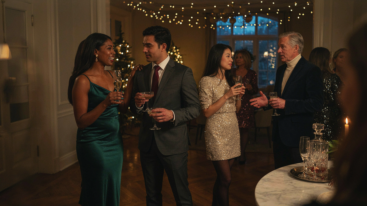 People in elegant festive attire dress code at a holiday event, conversing with drinks.