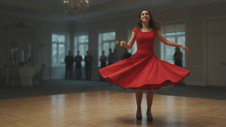 Woman in a red fit and flare cocktail dress twirling on a dance floor.