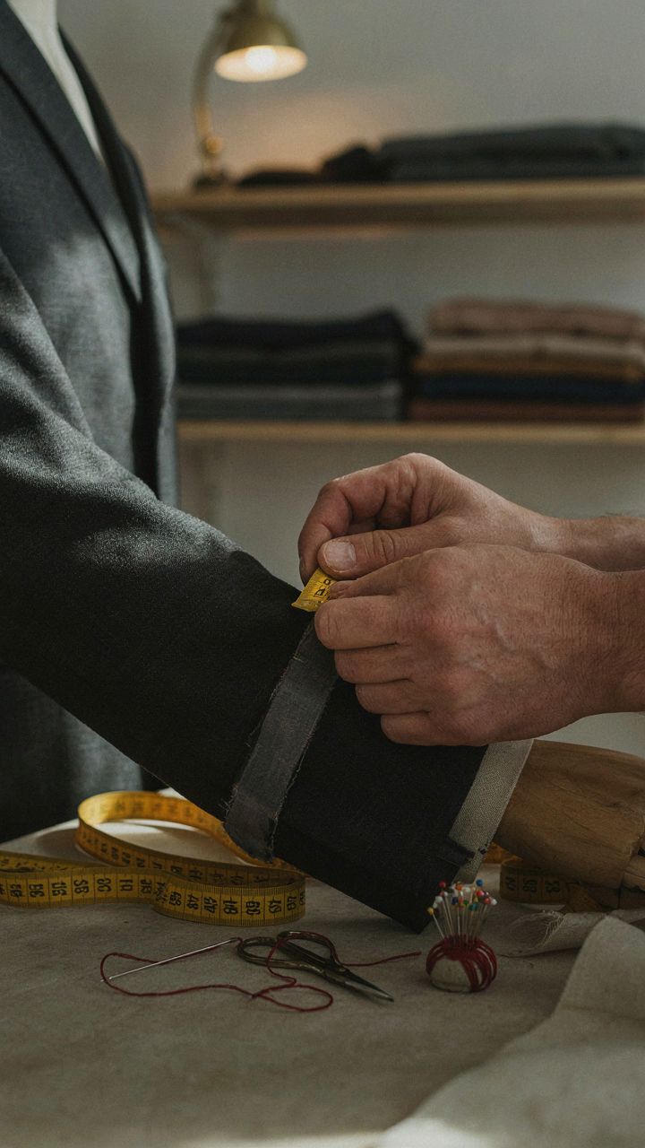 A tailor's hands measure the sleeve of a dark suit jacket on a mannequin, with thread nearby.