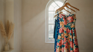 A beautiful floral cocktail dress hangs ready to be worn to a spring or summer event.