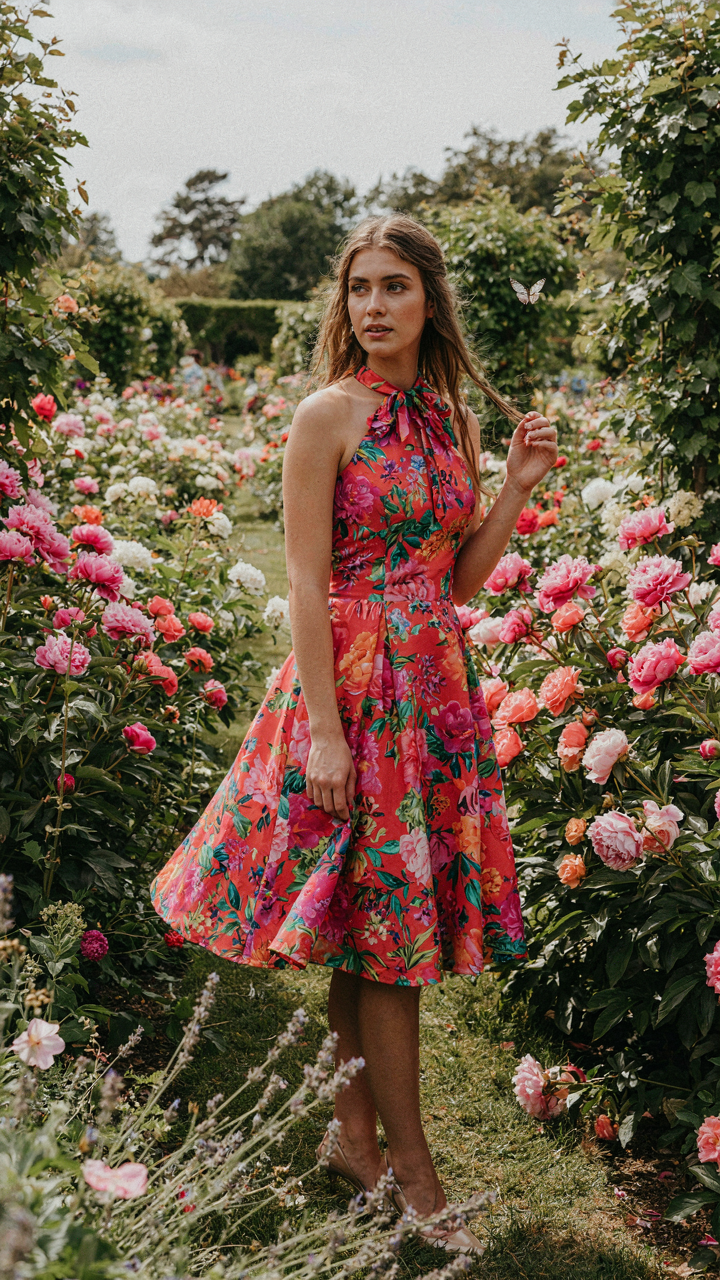 Woman in a vibrant floral halter cocktail dress standing in a lush garden.