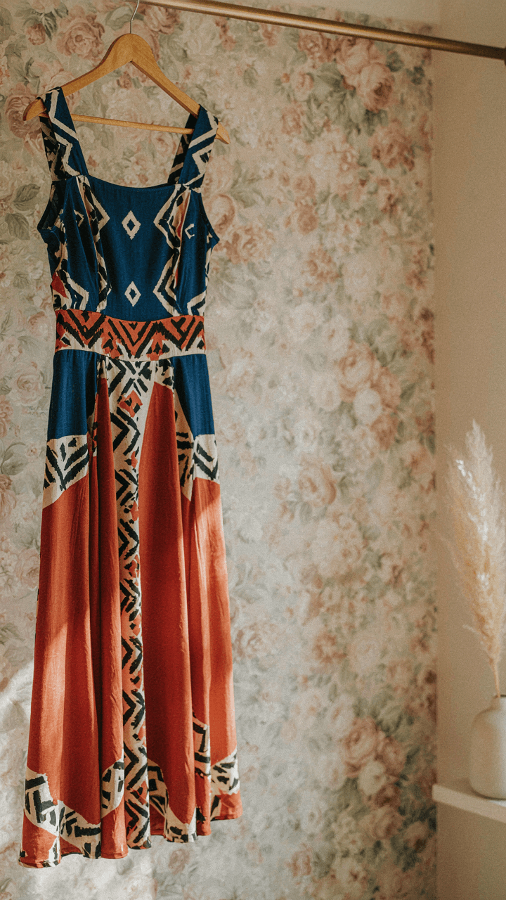 Vibrant geometric patterned dress hangs, distinct from blurred floral patterns.