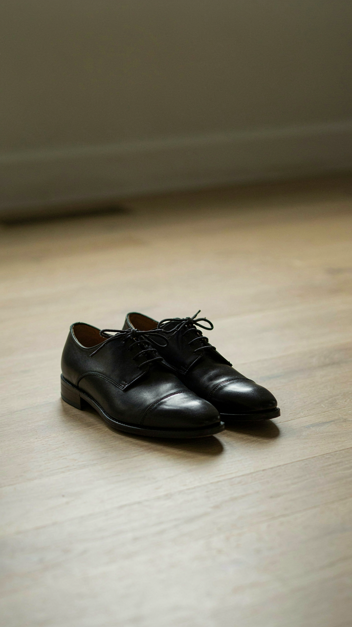 A pair of polished dark leather dress shoes on a clean floor.