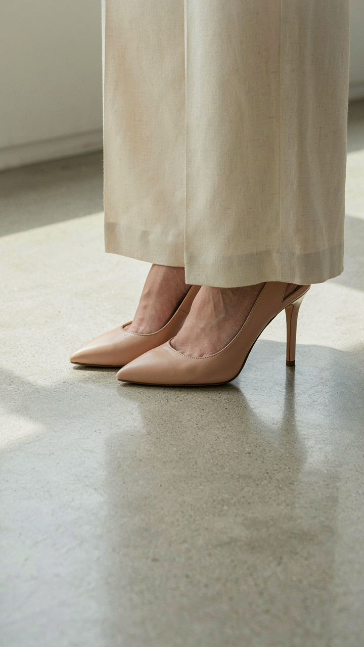 Elegant pointed-toe heels peeking from under a wide leg pant hem.