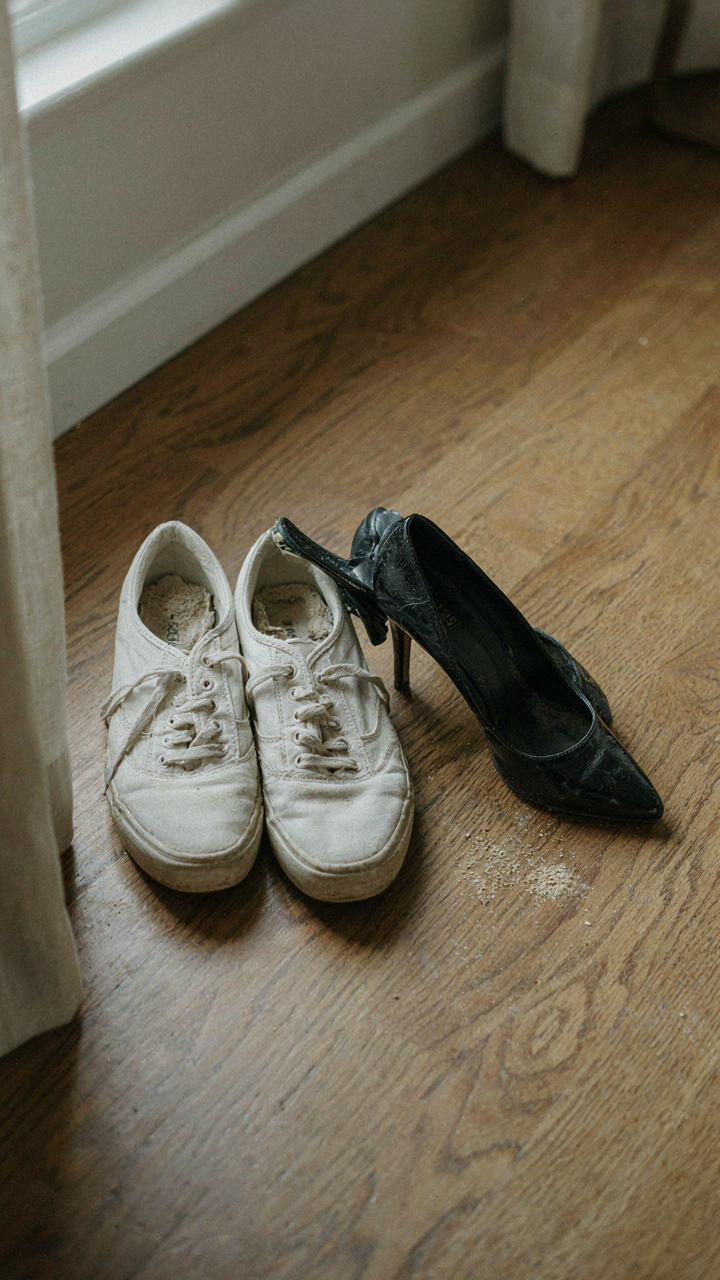 Comfortable slip-on sneakers with arch support next to high heels.