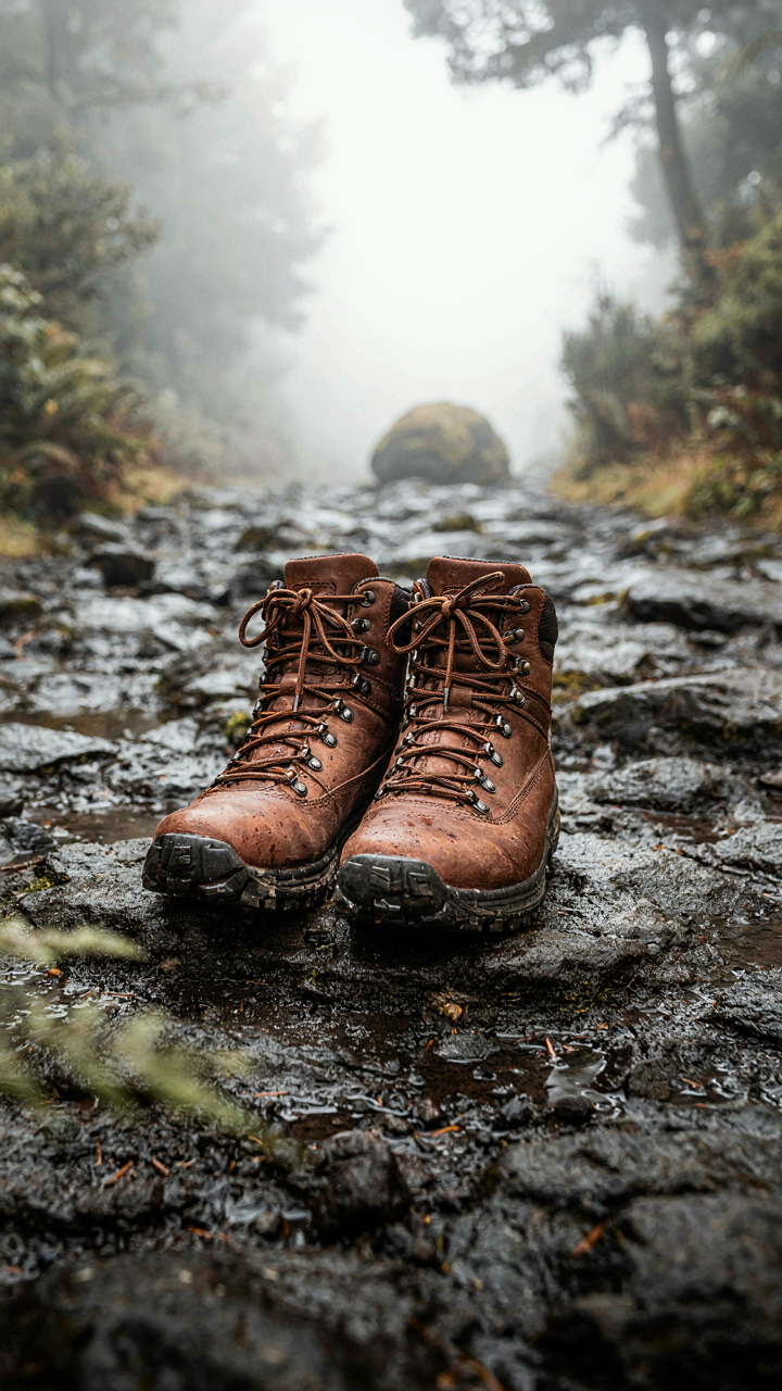 Waterproof hiking boots with deep tread patterns on wet, dark rocks.