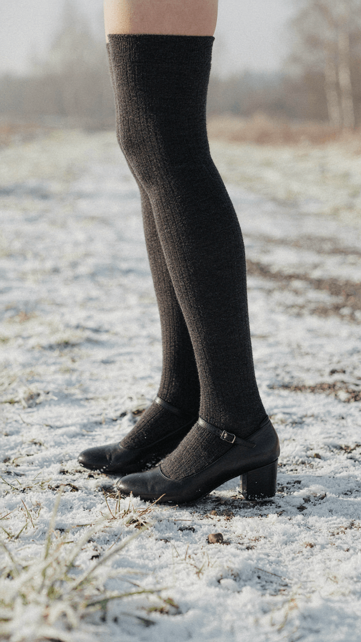 Woman's legs in dark thermal hosiery and closed-toe leather heels on snowy ground.