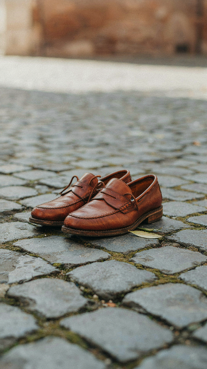Leather loafers sit on old Roman cobblestone streets, ready for walking.