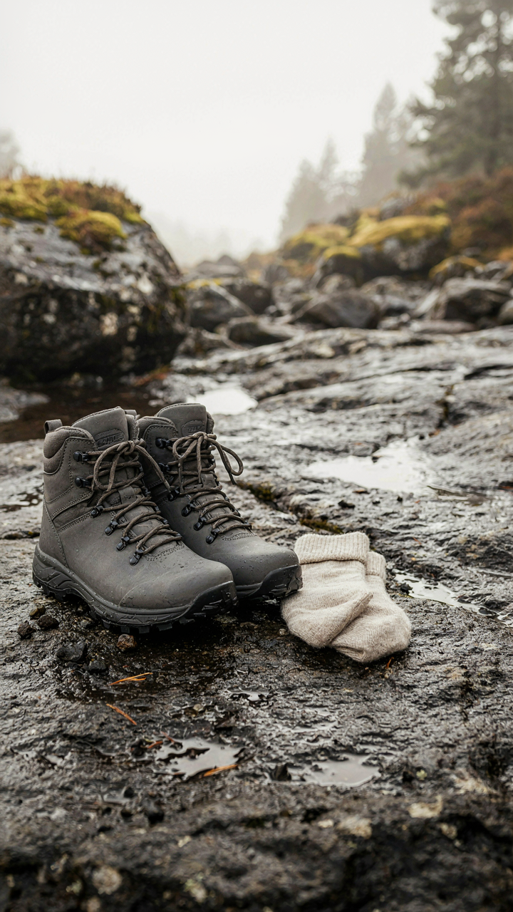 Waterproof hiking boots with aggressive tread stand on wet volcanic rock with wool socks.