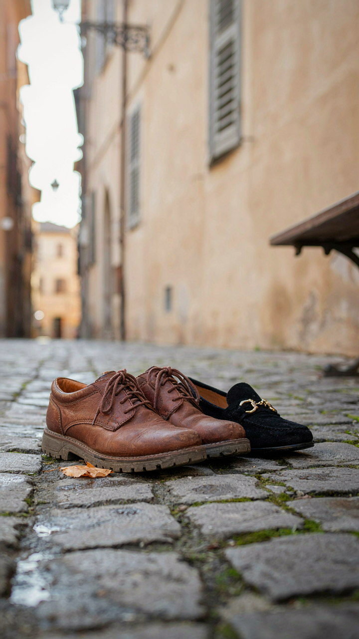 Sturdy walking shoes and elegant loafers rest on old European cobblestones.