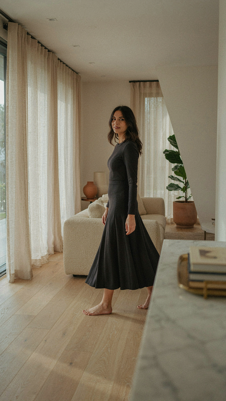 Woman in a modern fitted dress with a nipped waist entering a room.