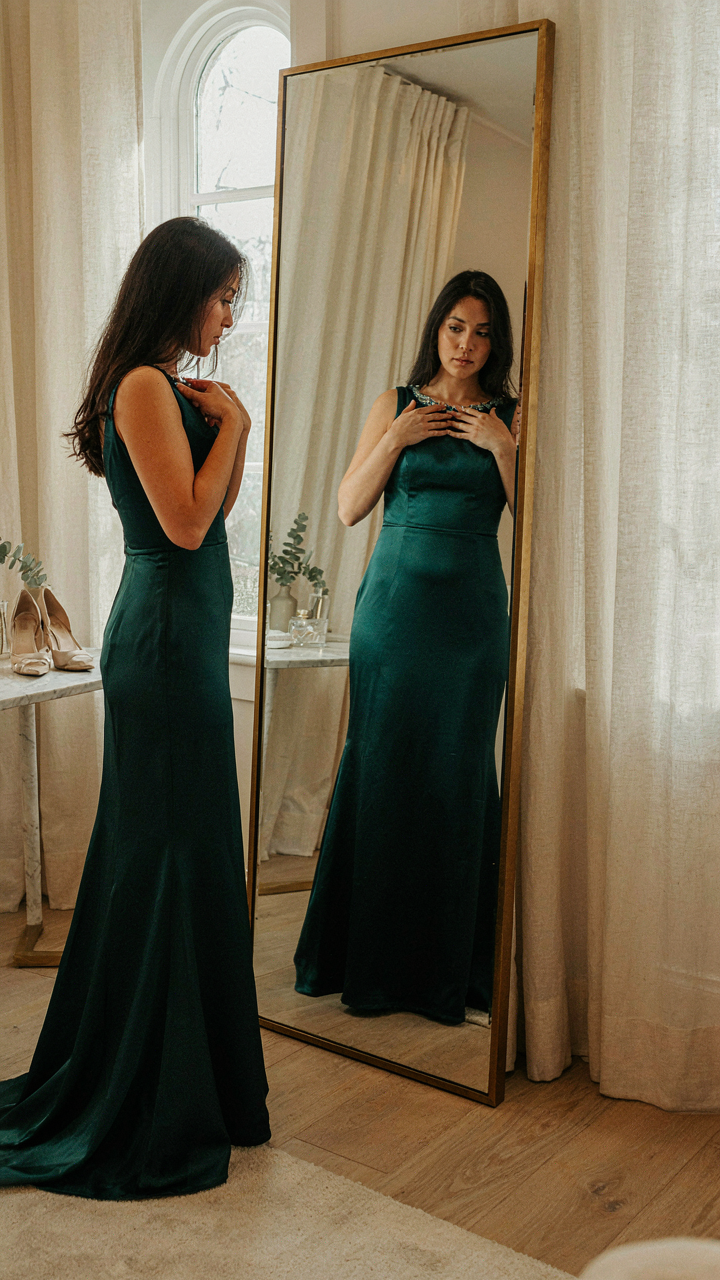 Woman checking her posture and the fit of her elegant formal dress.