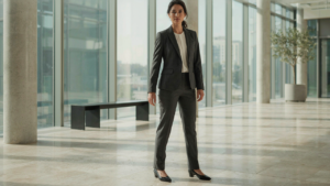 A confident woman in a structured blazer stands in a modern lobby.