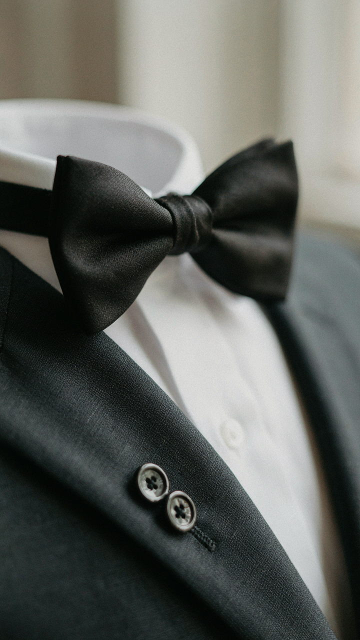 Close-up of a perfectly tied silk bow tie and a suit jacket cuff.