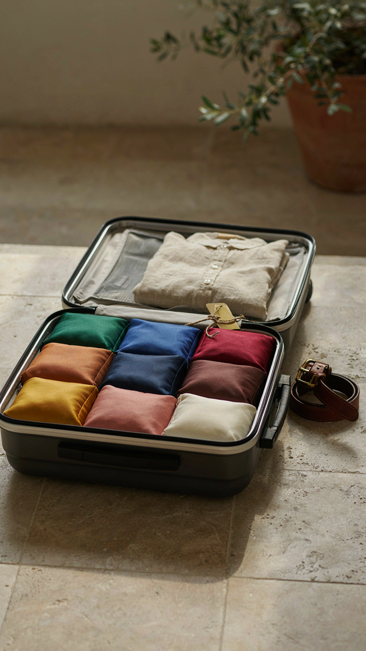 A suitcase neatly packed with silk linen shirts in compression cubes.
