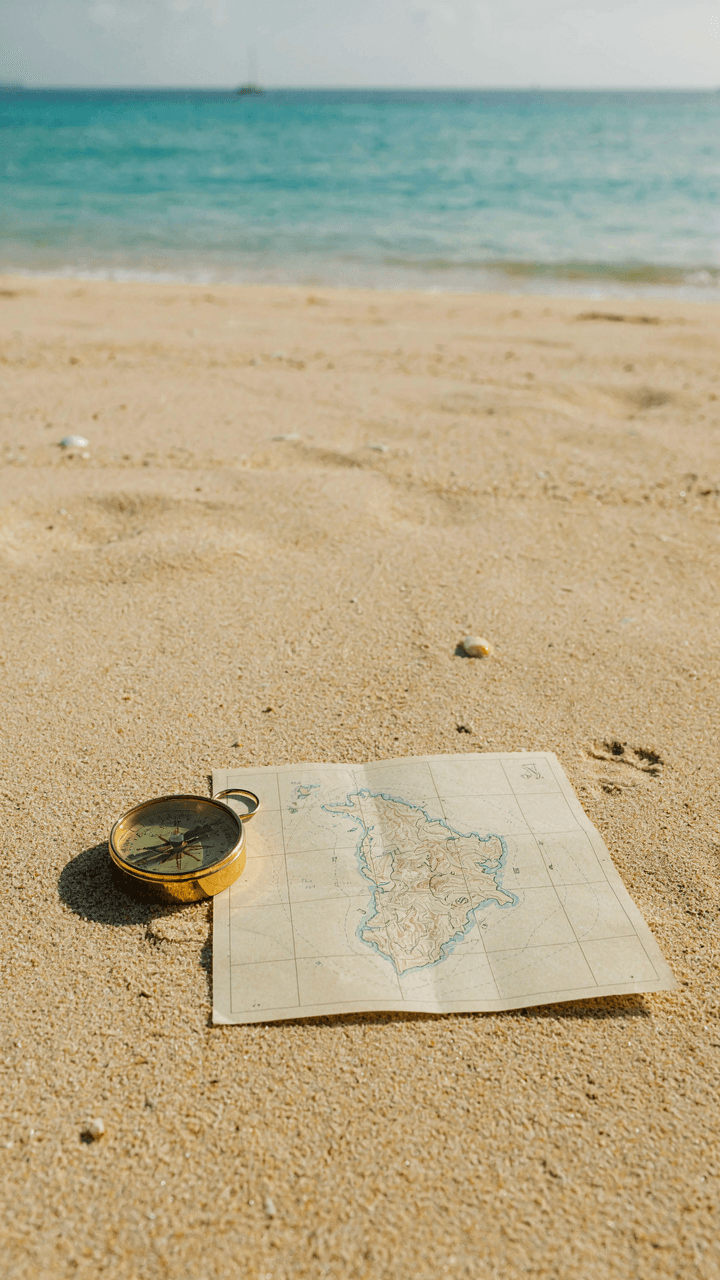 A compass and a map of a tropical island on a sandy beach.