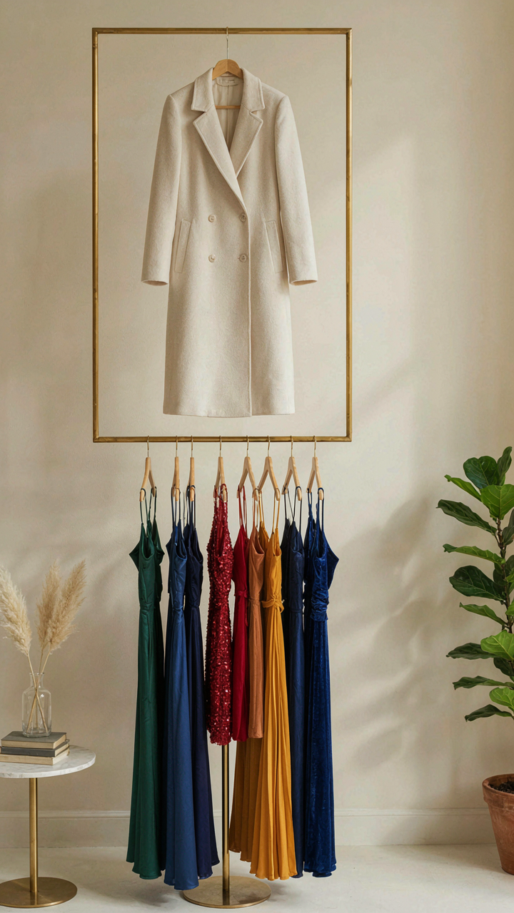 An ivory wool coat hangs on a rack above various colorful cocktail dresses.