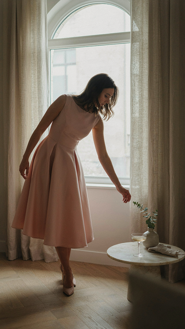 A woman in a knee-length A-line dress reaches, showing full range of motion.