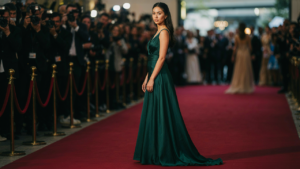 A woman in a beautiful gown strikes a confident pose on a red carpet at a formal event.