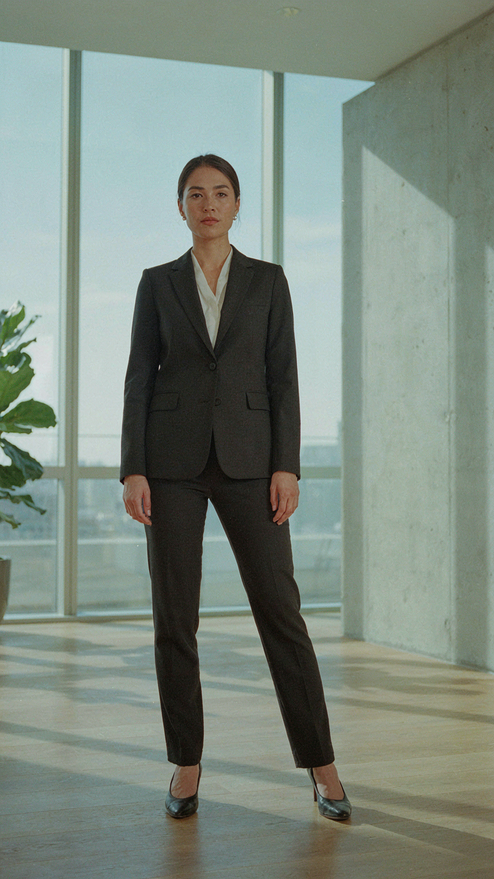 A woman in a power suit stands with a wide, confident stance.