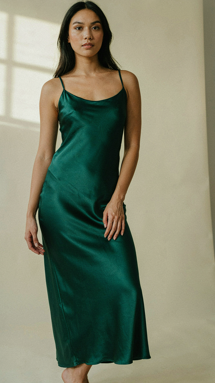A woman in a formal satin dress, displaying controlled tension.