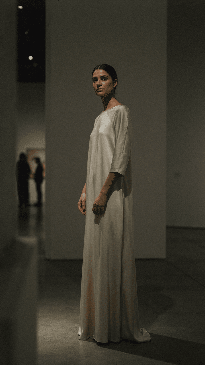 A woman in a heavy silk column dress stands in a dimly lit art gallery.