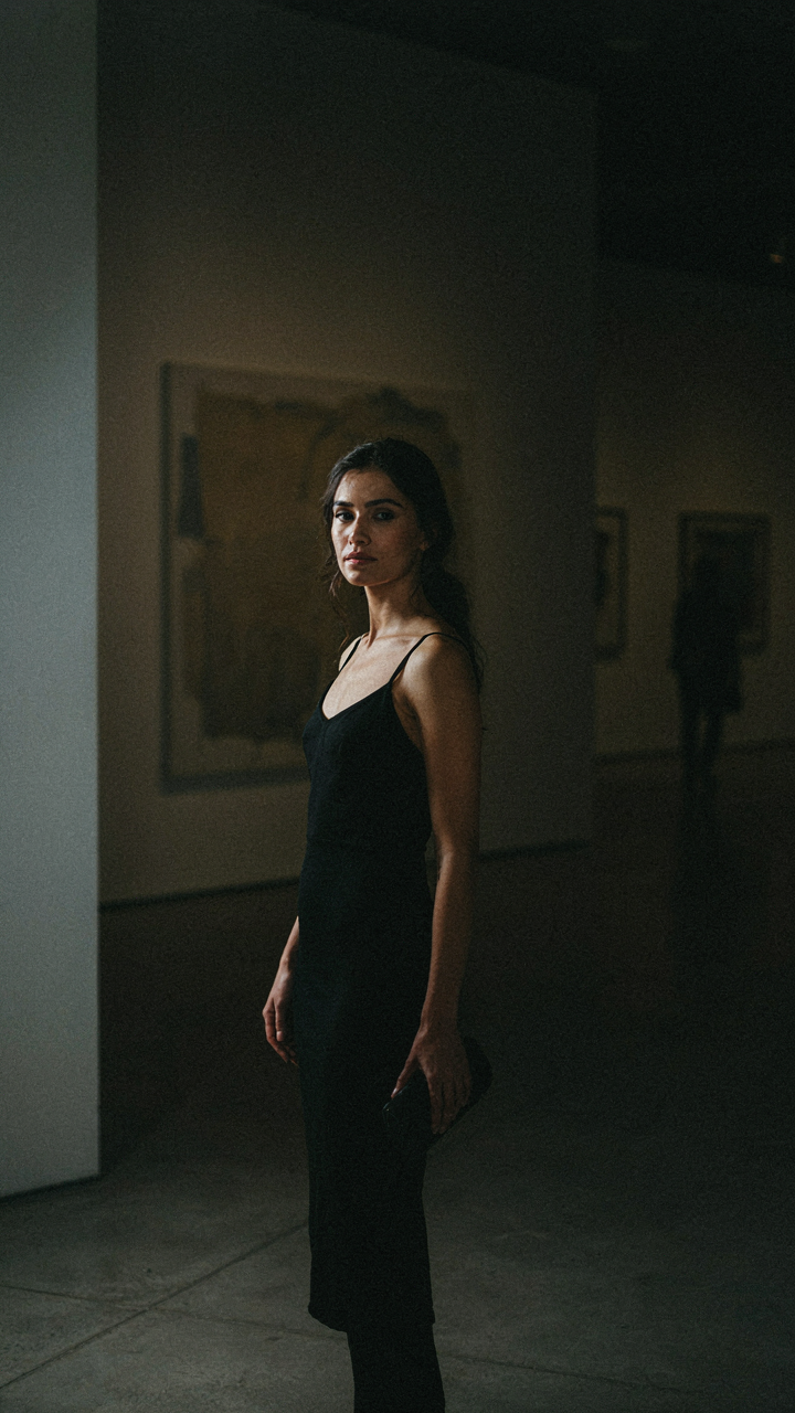 A woman in a black birthday dinner cocktail dress stands in an art gallery.