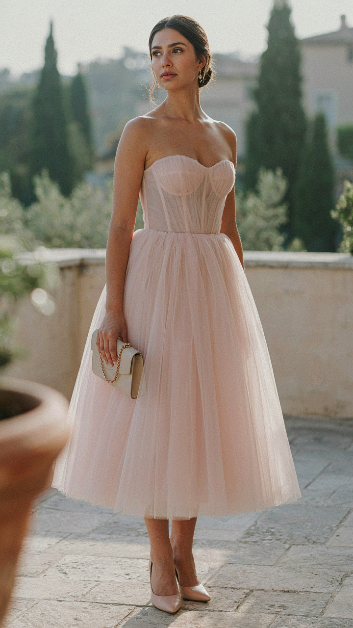 Woman in a structured knee-length tulle cocktail dress holds a clutch.