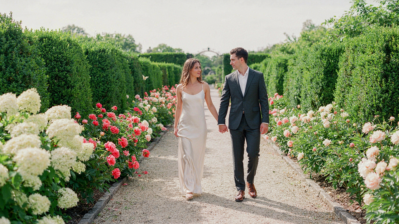 A well-dressed couple walks in a formal garden, illustrating formal garden wedding dress code.