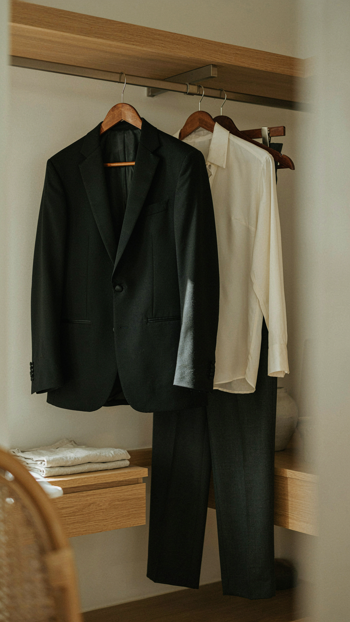 A classic black tuxedo jacket, cream silk blouse, and tailored trousers.