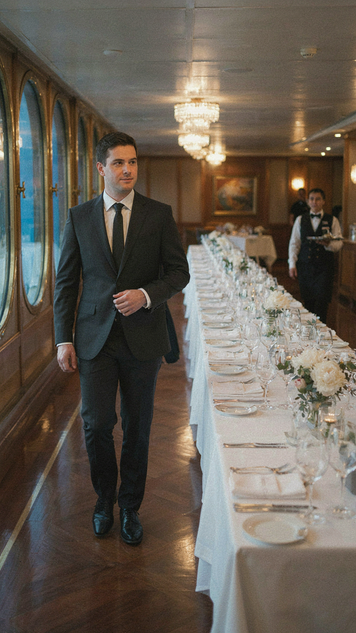 A man in a dark suit confidently walks into a formal cruise dining room.