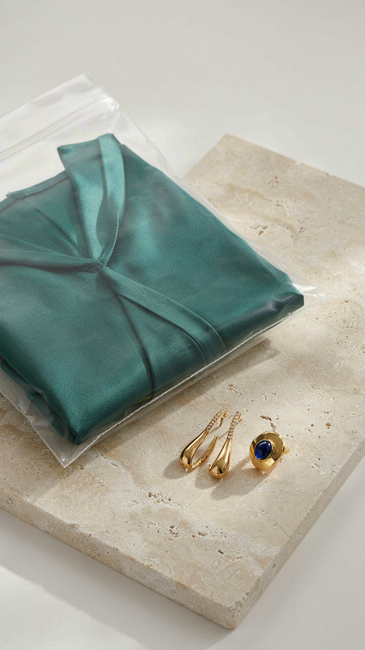 A jewel-toned wrap dress is in a garment bag with statement earrings and a ring.