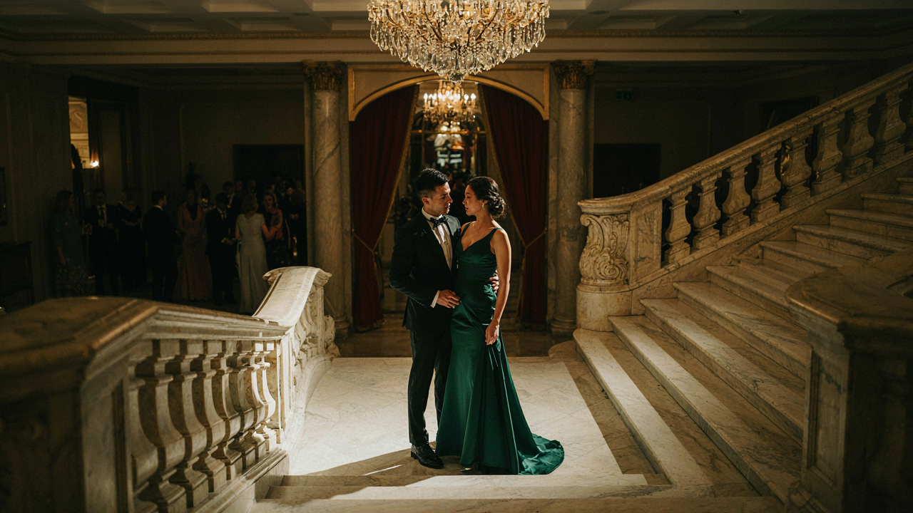 A man in a tuxedo and a woman in a formal gown stand on a grand staircase.