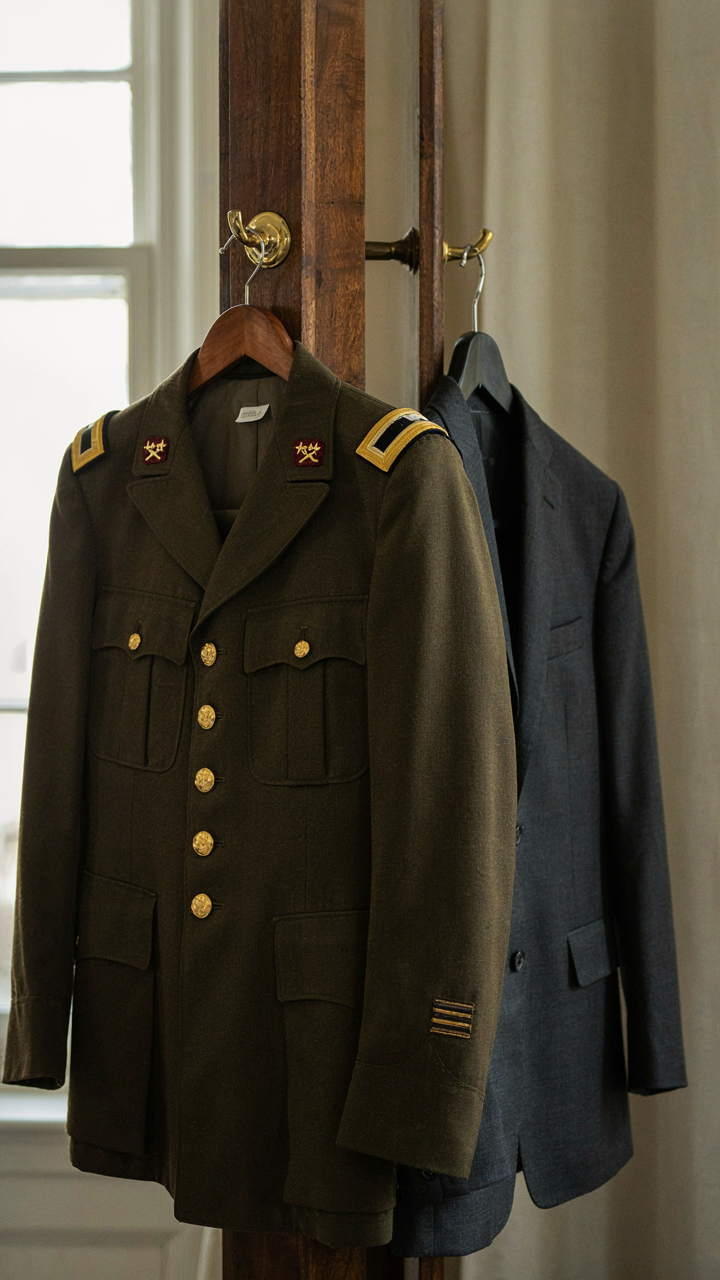 A military general's jacket with rank insignia next to a business suit.