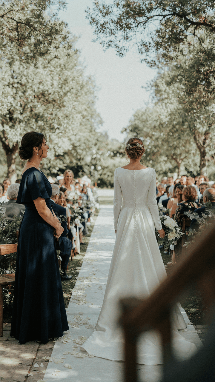 A woman in a navy formal dress watches a bride in a white gown.