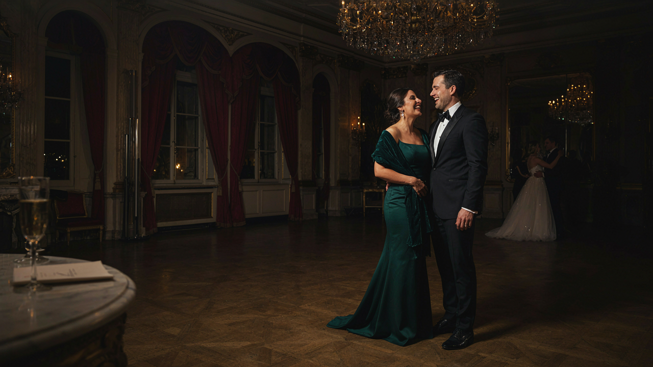 A formally dressed couple stands in a grand ballroom, ready for a winter wedding.