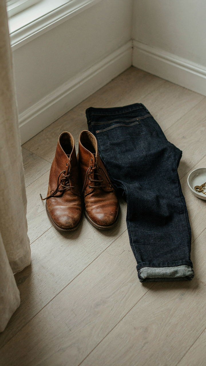 Well-worn leather ankle boots and dark denim jeans show character from use.