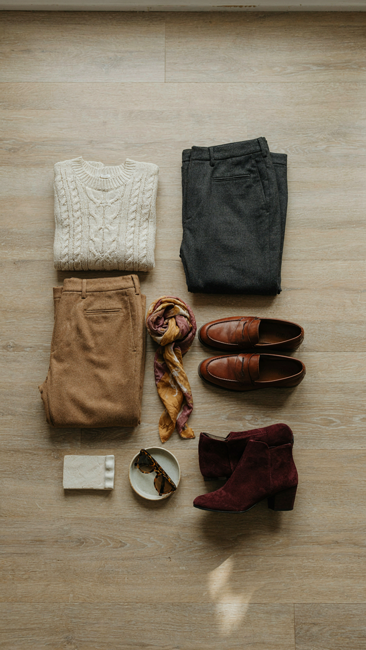 A minimalist wardrobe with a few core pieces and various accessories.