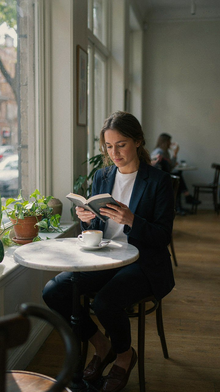 A woman in a navy blazer reads a book in a cafe.