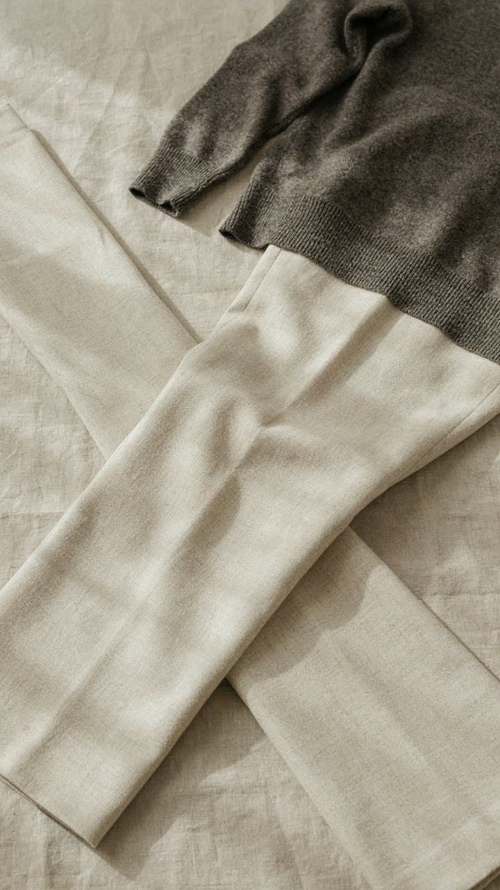 Creased cream trousers and a charcoal sweater, showing intentional simplicity.