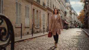Woman in a camel coat and navy trousers walking on a Parisian street in autumn.