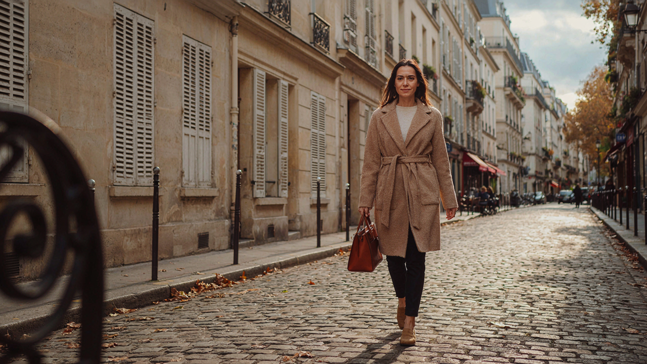 Woman in a camel coat and navy trousers walking on a Parisian street in autumn.