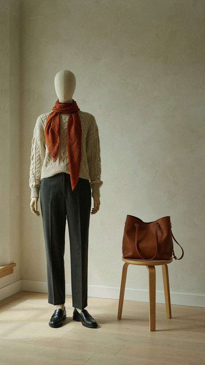 A cream sweater and charcoal trousers with a burnt sienna scarf and leather bag.