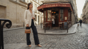 A woman in a cream blazer and dark pants stands on a Paris street.