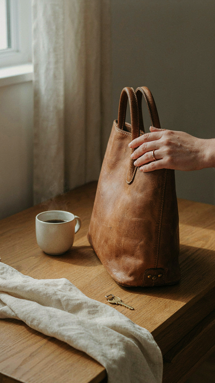 A hand reaches for a quality leather bag, surrounded by personal items.