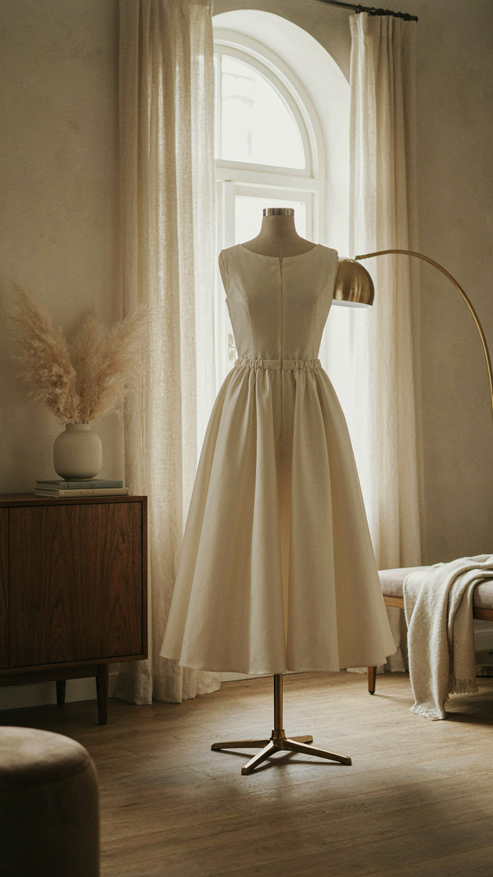 An A-line midi dress with a hidden hem drawstring on a mannequin in a hotel.